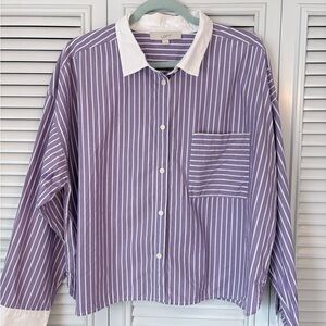 LOFT Lavender and White Striped Shirt Poplin Blouse Size XL